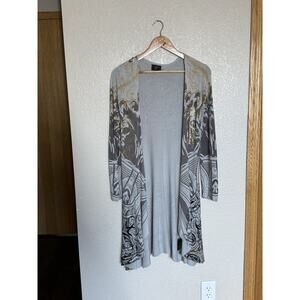 Christian Audigier Y2K Gray Gold Cardigan Sweater Bold Graphic Medium Open Long